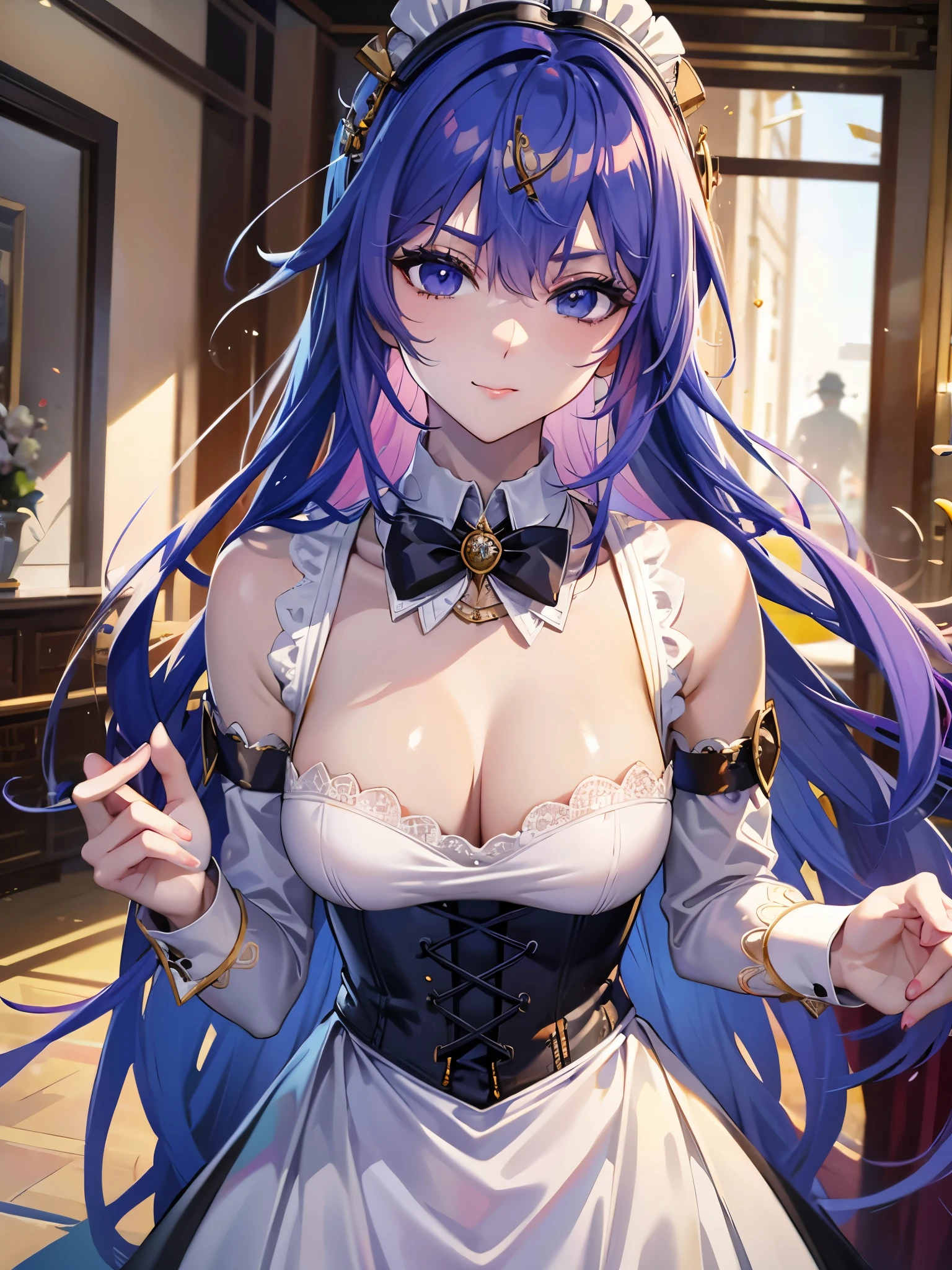 Tang Wutong, big boobs, wearing Victorian maid dress, cafe