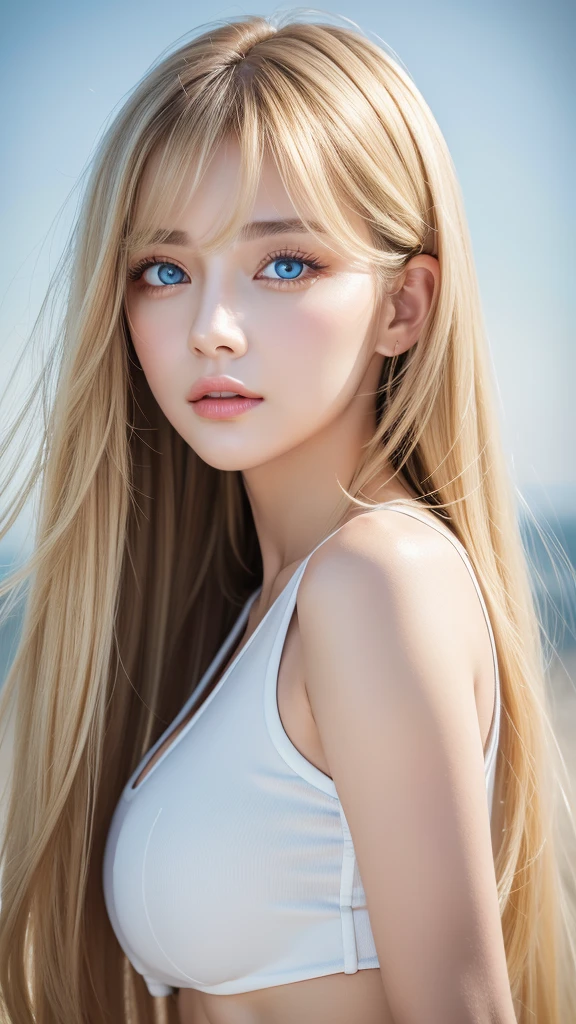 Nature photography of a beautiful girl, Wear a loose-fitting crop top, to protect myself, Super long,puffy blonde hair, large bust, messy bangs between eyes、fix your gaze on the camera, eye shadow, symmetrical eyes, plane of symmetry, photorealism, photography, Pfadverfolgung, specular lighting, Volumetrisches Gesichtslicht, path traced hair, visible shadow, complicated, expensive, blank background、Very beautiful bright light blue eyes、very big eyes、very white bright glossy skin、cheek gloss highlight