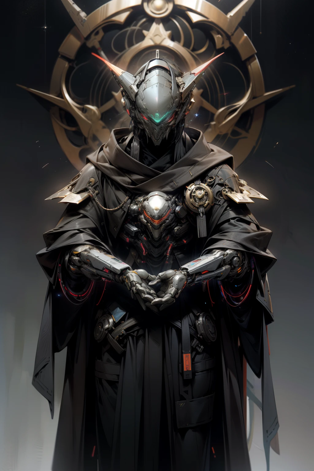 In the realm of cyberpunk art, a master alchemist emerges, cloaked in an enigmatic aura. His attire is a fusion of ancient and futuristic elements, donning a mestre's robe infused with alien cybernetics. Instantly adapting to his environment, he becomes invisible, a chameleon among the stars.
His body, a living testament to intergalactic technology, is embedded with organic cybernetic implants. These advanced prosthetics fuse seamlessly with his flesh, granting him unparalleled access to the vast interconnected information network. His eyes, a striking contrast of vibrant alien cybernetics and organic tissue