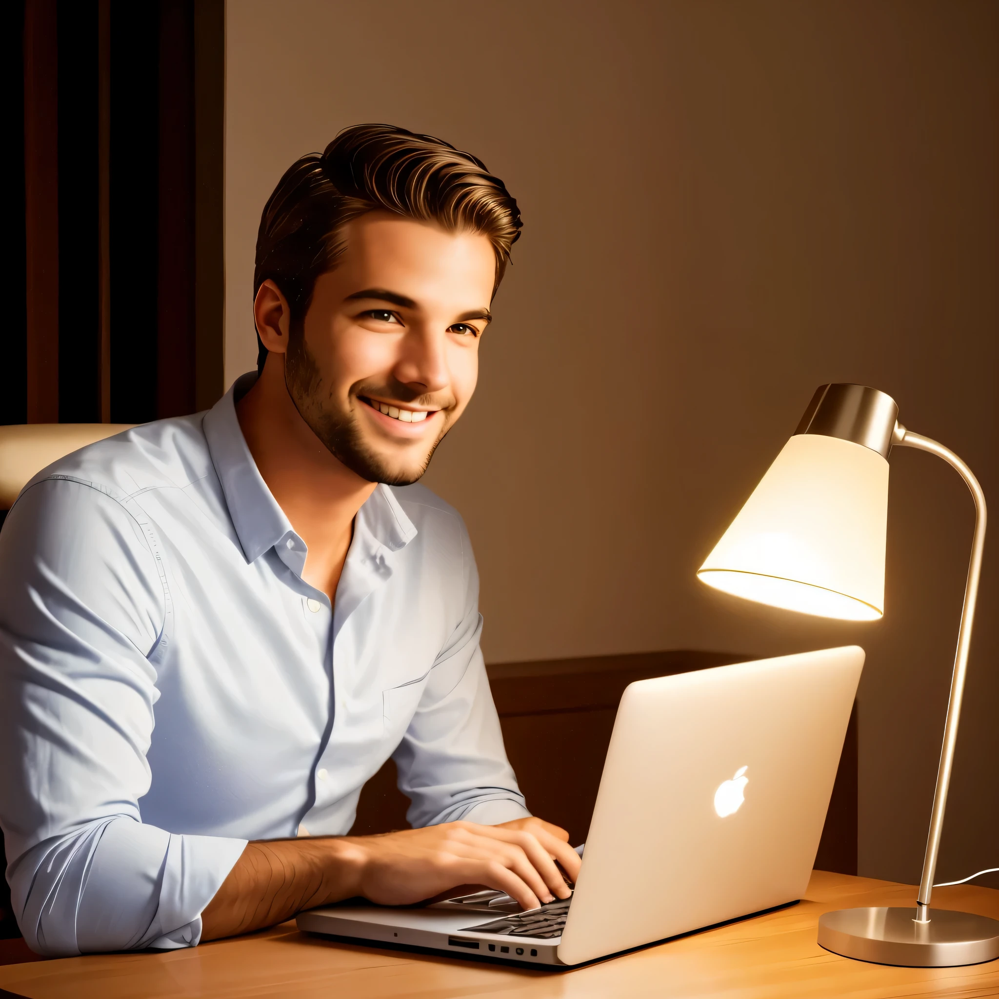 real life,United States of America,Rough face,smiling man sitting at a table with a laptop computer and a lamp, best lighting, product introduction photo, table light, holding up a night lamp, well lit professional photo, warm ambient light, lamps, easy to use, warm ambient lighting, led lamps, extremely good quality lighting, detailed with high quality, high quality lighting, soft warm lighting