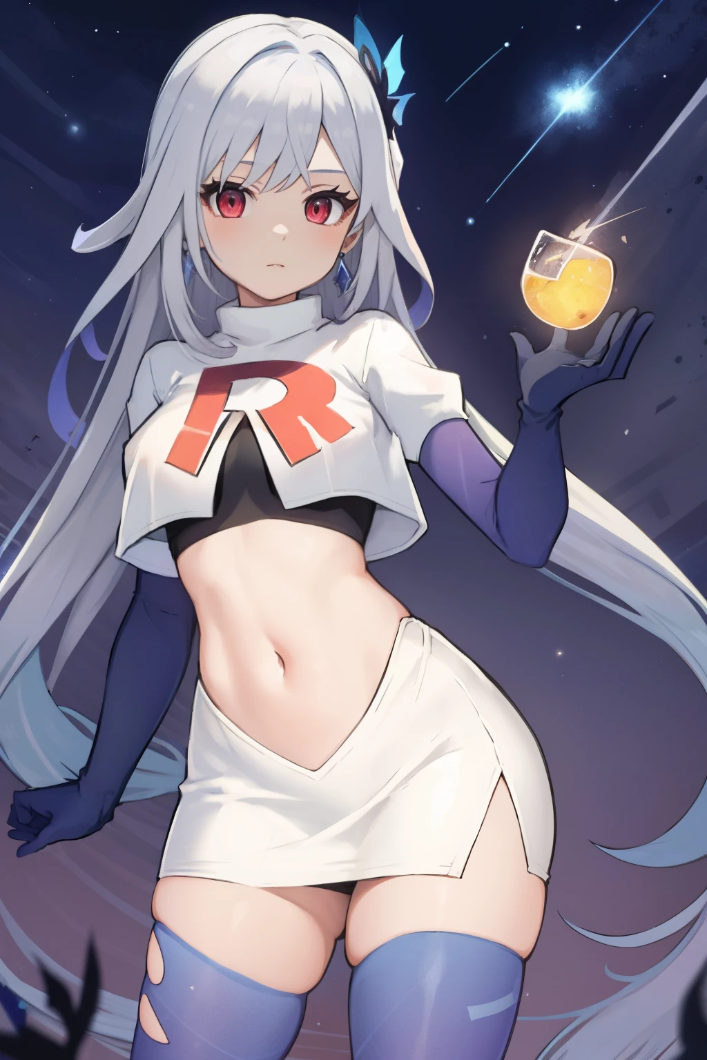 1girl, skirk \(genshin impact\), earrings, butterfly hair ornament, looking at viewer, starry sky, shooting star, cowboy shot, masterpiece, team rocket,team rocket uniform,white skirt,crop top,black thigh-highs,black elbow gloves,