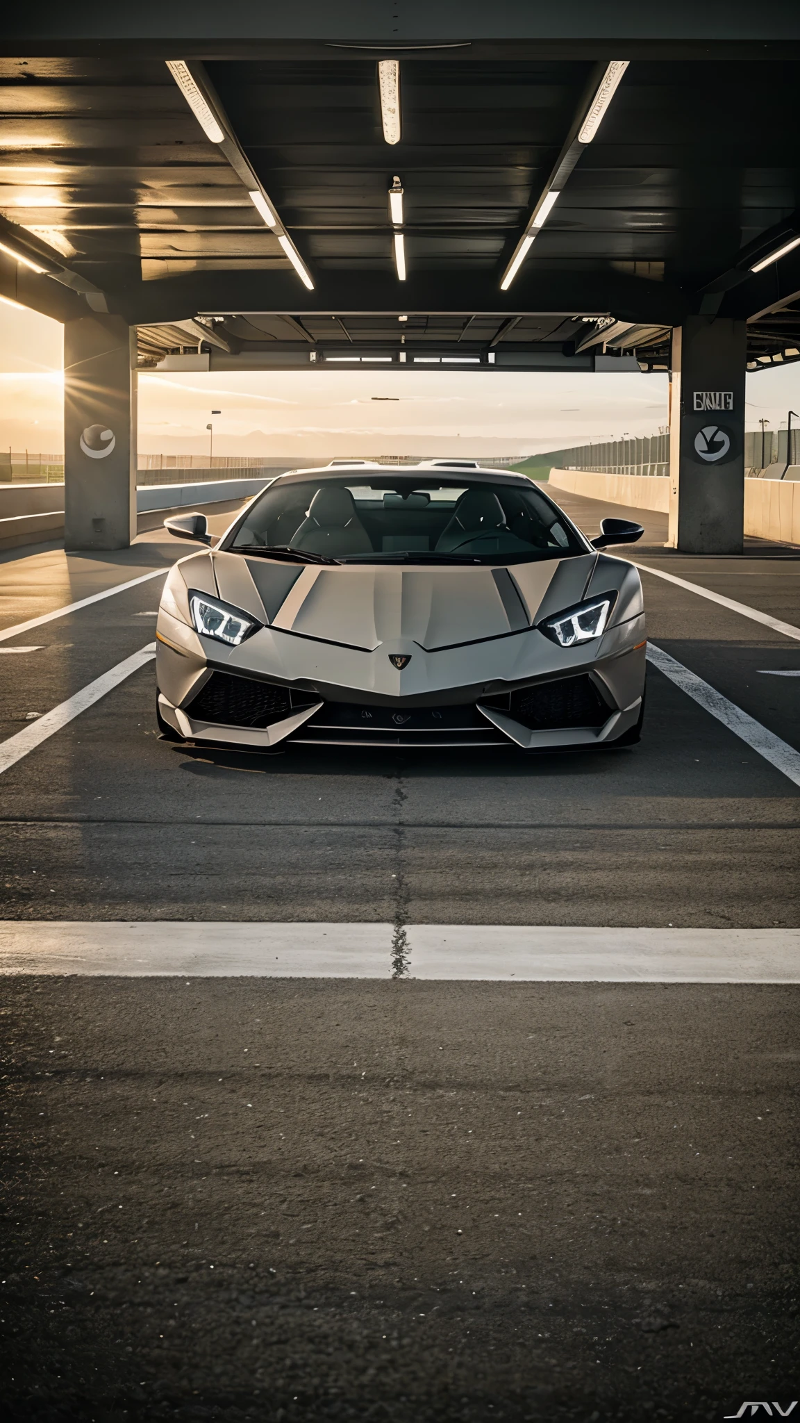 A Nardo Grey Lamborghini Revuelto parked in the pits of the race track, high resolution, 8k, cinematic light, full body, leading lines, photography, rule of thirds, top tier photography, sun set, golden hour, detailed shots