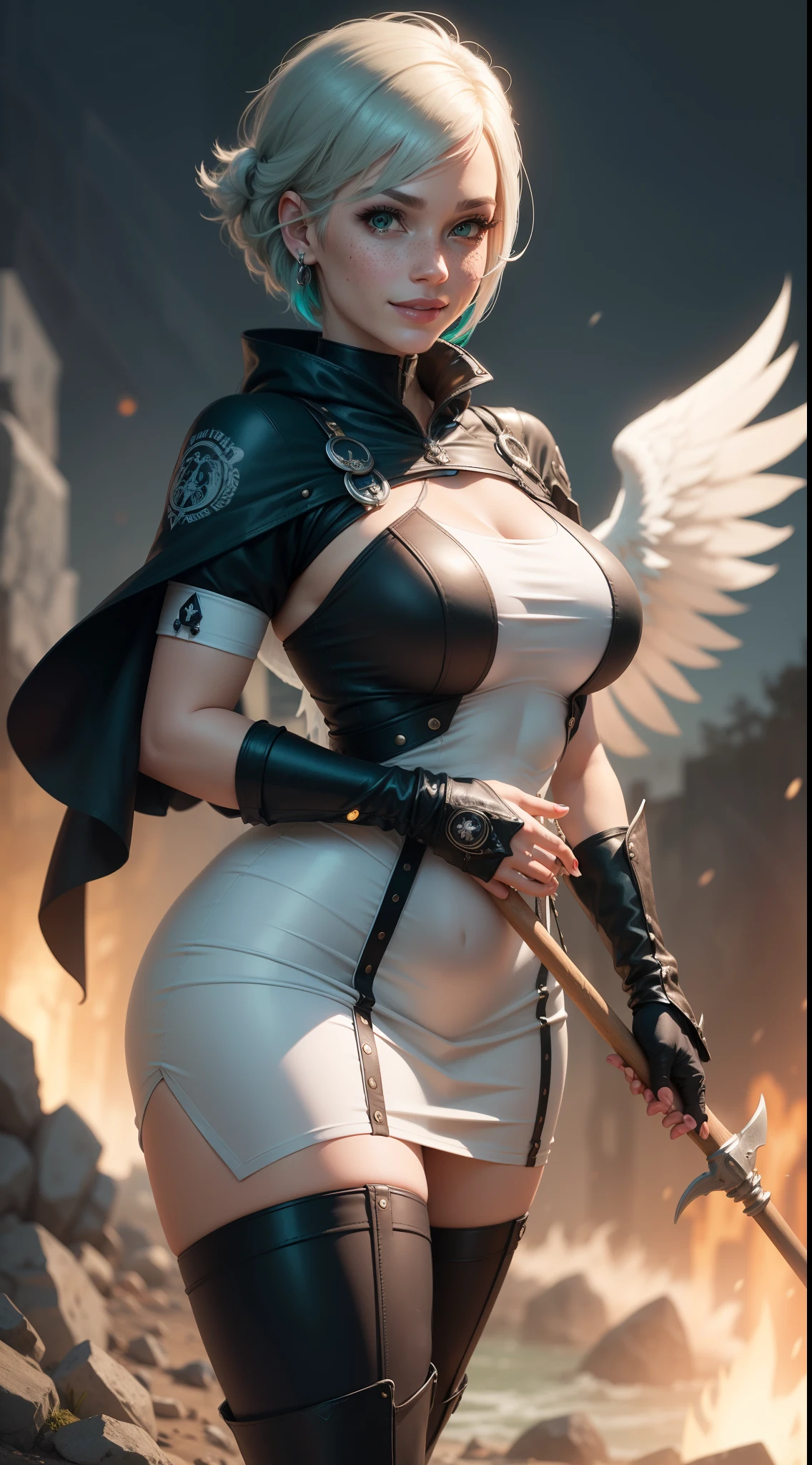 Tall, pale woman, long black hair tied with a red ribbon, black glasses with butterfly design legs, huge breasts with a watch attached to them in the center, Dressed in tight black outfits with white details on the gloves with red palms, black high heels with two red pistols with green jewels attached to the legs, holding two red pistols with green jewelry, sexy posture, hitting an angel, cemetery background