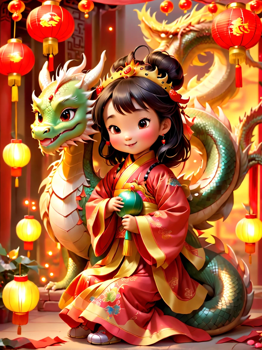 joyful and festive scene featuring a cute and lively 5--old ient Chinese princess embracing a fluffy-textured, mythical Chinese baby dr. Both are sleeping peacefully. The background is enhanced with festive decorations, such as lanterns, colorful banners, and traditional Chinese motifs, symbolizing celebration and happiness. This scene, rich in ancient Chinese cultural elements, captures a sense of joy and festivity, making the moment between the princess and the dragon even more endearing and magical