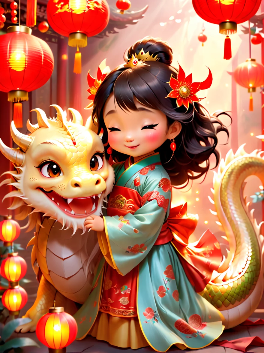 joyful and festive scene featuring a cute and lively 5-year-old ancient Chinese princess embracing a fluffy-textured, mythical Chinese baby dragon. Both are sleeping peacefully. The background is enhanced with festive decorations, such as lanterns, colorful banners, and traditional Chinese motifs, symbolizing celebration and happiness. This scene, rich in ancient Chinese cultural elements, captures a sense of joy and festivity, making the moment between the princess and the dragon even more endearing and magical