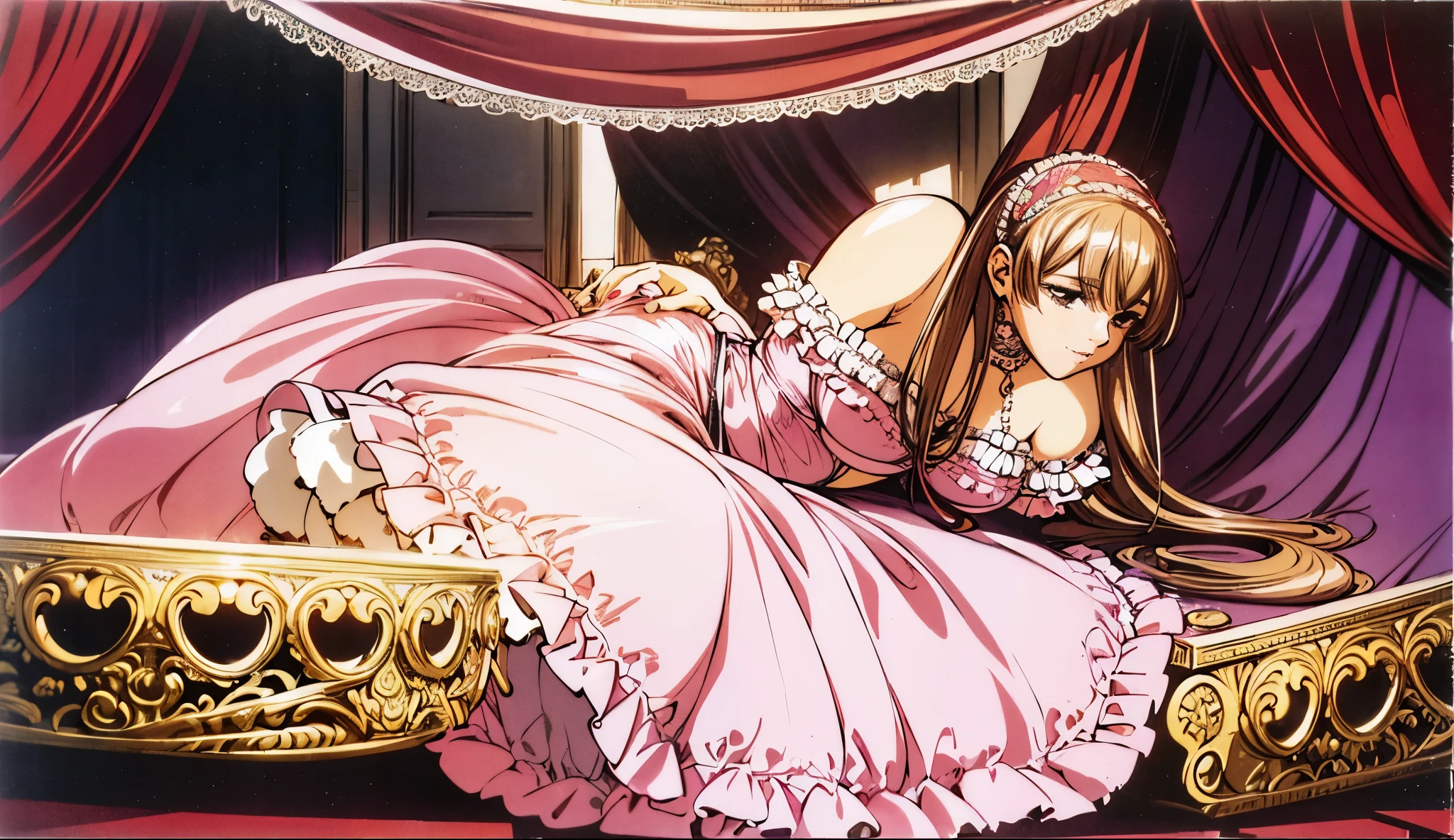 highest quality, masterpiece, highest resolution, artwork, super be familiar with, many detailed, detailed, be familiar with, romantic,woman, ,the girl is a princess,pink victorian dress, ((Gorgeous princess rococo ball gown dress with voluminous full-length hoop skirt)),long sleeve,long dress,Dress with lots of frills and ribbons,luxury,((Palace bedroom)),((Girl on a huge Victorian canopy bed)),Frill curtains,Ruffled pillows,ruffle bed skirt,Fluffy futon,Plush pillow,(the dress is spread out on the bed),