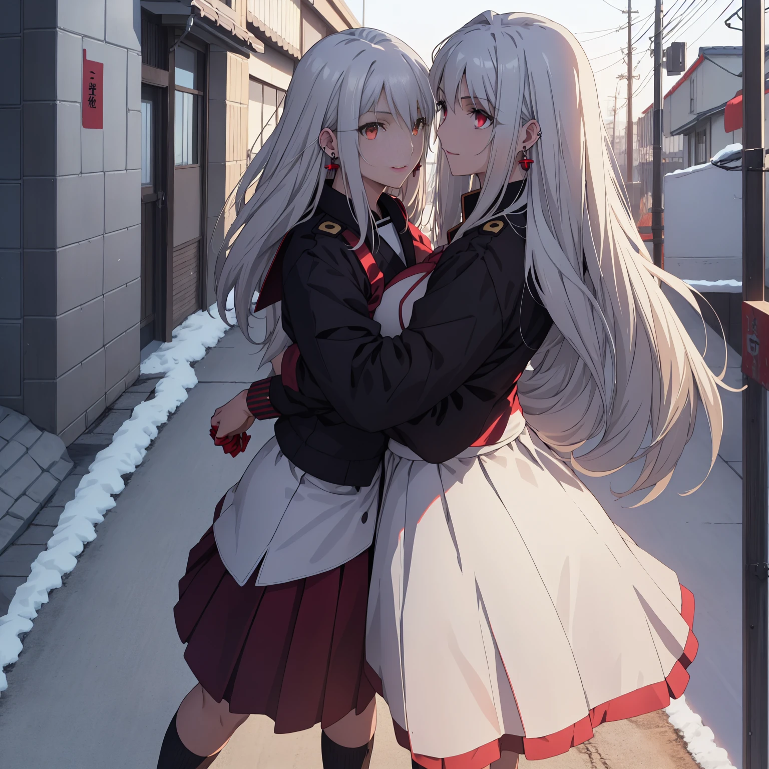 sukeban illyasviel_von_einzbern, mature_female, silver hair, holding yoyo, combat pose, full body, flowing hair, hair between the eyes, asymmetrical hair, red eyes, delicate facial features, sukeban deka clothe, looking_at_viewer, outdoors, background tokyo, ((solo, solo focus, solo girl,1girl))+++++,woman in a 80's sukeban seifuku standing on a set of strees, black school uniform, 80's japanese sukeban photo, sukeban seifuku,  80's japan, sukeban, long black skirt, red converse, full body, light skin tone female, full body, tape, arm_support, gloves, red_gloves, bridal gauntlets, blackred_footwear, fighter outfit, full body, hourglass, mature face, cheeky smile, cheeky face, wrinkles,( silver long hair, earrings, ear piercings), realistic, (fighting art, Martial arts, standing, fighting_stance, fight, fighting), extra colors, 2D, megapixel, perfectionism, accent lighting, full HD , 4K, masterpiece, empty red eyes