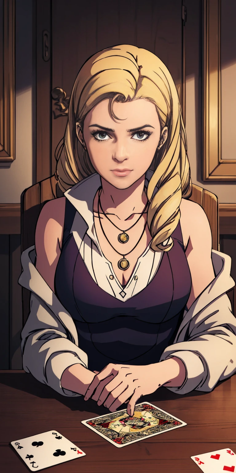Highly detailed, High Quality, Masterpiece, beautiful, PlayingCards, 1slave girl, solo, holding, card, table, holding card, sitting, indoors, playing card, pov across table, closed mouth, looking at viewer, Forrest, Blonde hair, jacket on shoulders, necklace, big pendant, sleeveless shirt, millennium puzzle

