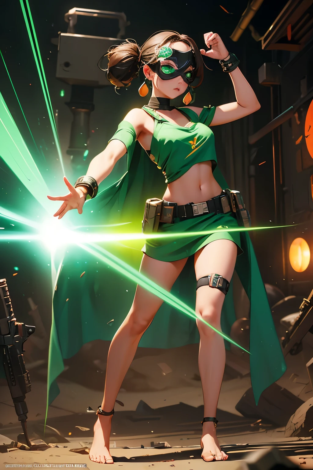 Supehero, girl, full body, barefoot, tecnological, laser weapon, eye mask, posing for fight, mojo, mohak, big earings, mostly green, battleground, explosions