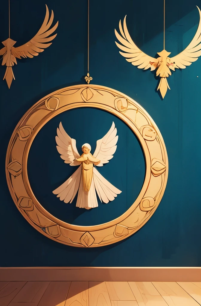 Beauty、Super grinning、Shine spot、(A big feather is drawn on the wall)、religious painting、SF、wide、Many things form a circle and surround it.