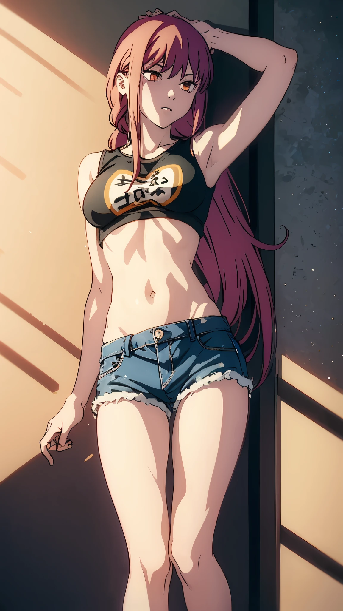 makima, best quality, masterpiece, highres, best quality, solo, long_hair, red_hair, golden_eyes, big_breast, crop_tanktop, belly, stomach, navel, armpit, thigh, denim short, mini short