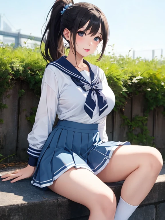 very cute and beautiful school girl,(highly detailed beautiful face and eyes:1.2),
smile,(sailor school uniform),(pleated navy blue mini skirt),
sitting on park bench,spread legs,white panties,dynamic angle,looking at viewer,black hair,
flower garden,stone stairs,shrubbery,(best quality,masterpiece:1.2),intricate details,extremely detailed,
8k resolution,solo,hair fluttering in the wind,beautiful detailed sky,