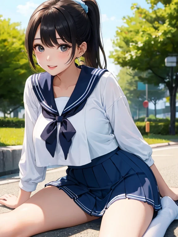 highest quality,masterpiece, High resolution, 8K, detailed background、Beautiful teenage girl、(1 woman),cute hairstyle、ponytail、cute hair color、perfect body、huge breasts、white sailor suit、summer clothes、bright light blue sailor color、(bright light blue pleated skirt)、high socks、thick thighs、sitting、sexual expression、Flip up the skirt to show the pants、Panty shot、panty shot