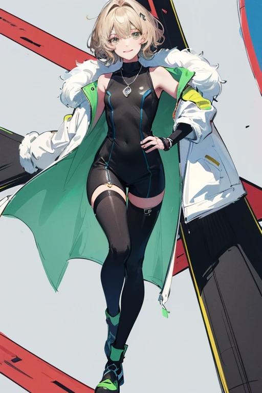 (Masterpiece: 1.5, best quality, high resolution: 1.3, super resolution, super detailed, ultra detailed: 1.3, rich background: 1.2, 1 woman)) dark skin + pale hair + fluffy curly hair + lime green eyes + long eyelashes + feminine body + small chest + wide hips + thick thighs (intricate wetsuit, gradient thigh-high stockings, fluffy jacket like clouds, intricate shoes, simple short necklace, long necklace with an emblem, jewelry hanging from her hip) (( smiles, turning to look at the viewer, colorful background effects, neon red lines next to the background)) (colors for clothing and accessories: yellow, black, white, cream, red, light blue, lime green, dark blue)