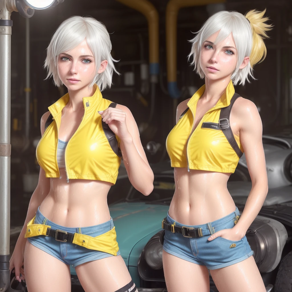 (((1 girl))), full body photo, (Cindy Aurum:1.3), (final fantasy XV:1.2), (white short hair, floating hair:1.3),(dieselpunk auto repair shop:1.3), (cropped yellow jacket with pockets:1.3), (baseball brown cap:1.3), (red bikini:1.3), (denim blue short shorts:1.3), (white stockings:1.3), (boots:1.3), (tool belt:1.3), (car oil in skin:1.4), super idol face , beautiful, beautiful face, hanfu girl, masterpiece, alluring, adult, mature, bright green eyes, (hard lights, hard shadow, key light, key lights), skindentation, shiny skin, glowing skin, sweaty, slim girl, ((( very sweat, fresh, water drop, very sweaty, sweaty, water in hair, steamy ))), bright green eyes, {{{shade of white hair }}}, small breasts, shiny hair,