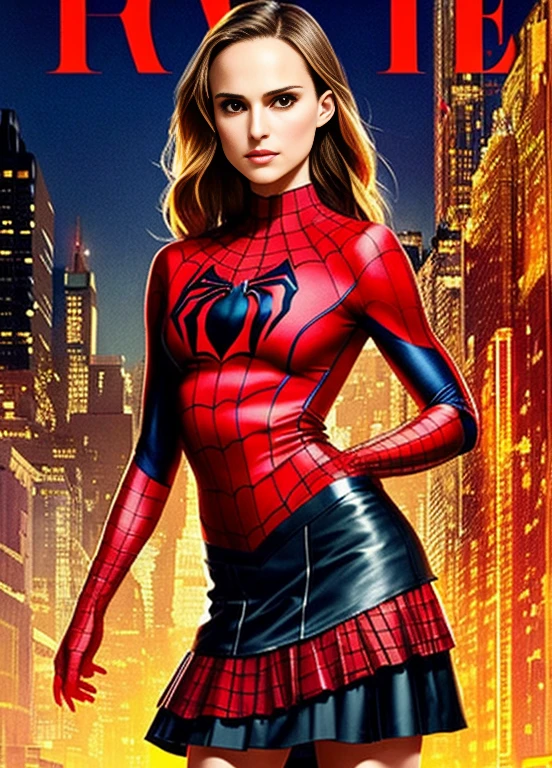 Natalie portman、Sticking out the navel、newyork、She wears a torn Spider-Man suit,wearing a skirt、 Red and black color scheme,dynamic、masterpiece、highest quality、super detailed、very detailed、beautiful detailed shine、luminous design, pastel colour, ink drips, autumn lights
