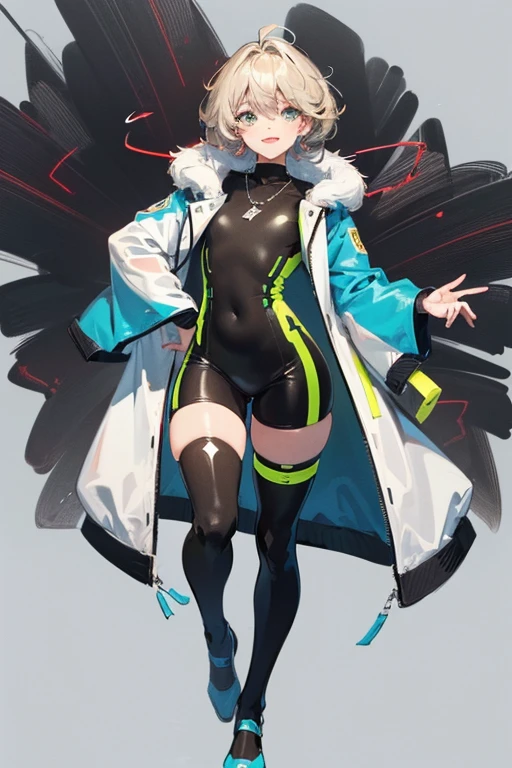 (Masterpiece: 1.5, best quality, high resolution: 1.3, super resolution, super detailed, ultra detailed: 1.3, rich background: 1.2, 1 woman)) dark skin + pale hair + fluffy curly hair + lime green eyes + long eyelashes + feminine body + small chest + wide hips + thick thighs (intricate wetsuit, gradient thigh-high stockings, fluffy jacket like clouds, intricate shoes, simple short necklace, long necklace with an emblem, jewelry hanging from her hip) (( smiles, turning to look at the viewer, colorful background effects, neon red lines next to the background)) (colors for clothing and accessories: yellow, black, white, cream, red, light blue, lime green, dark blue)