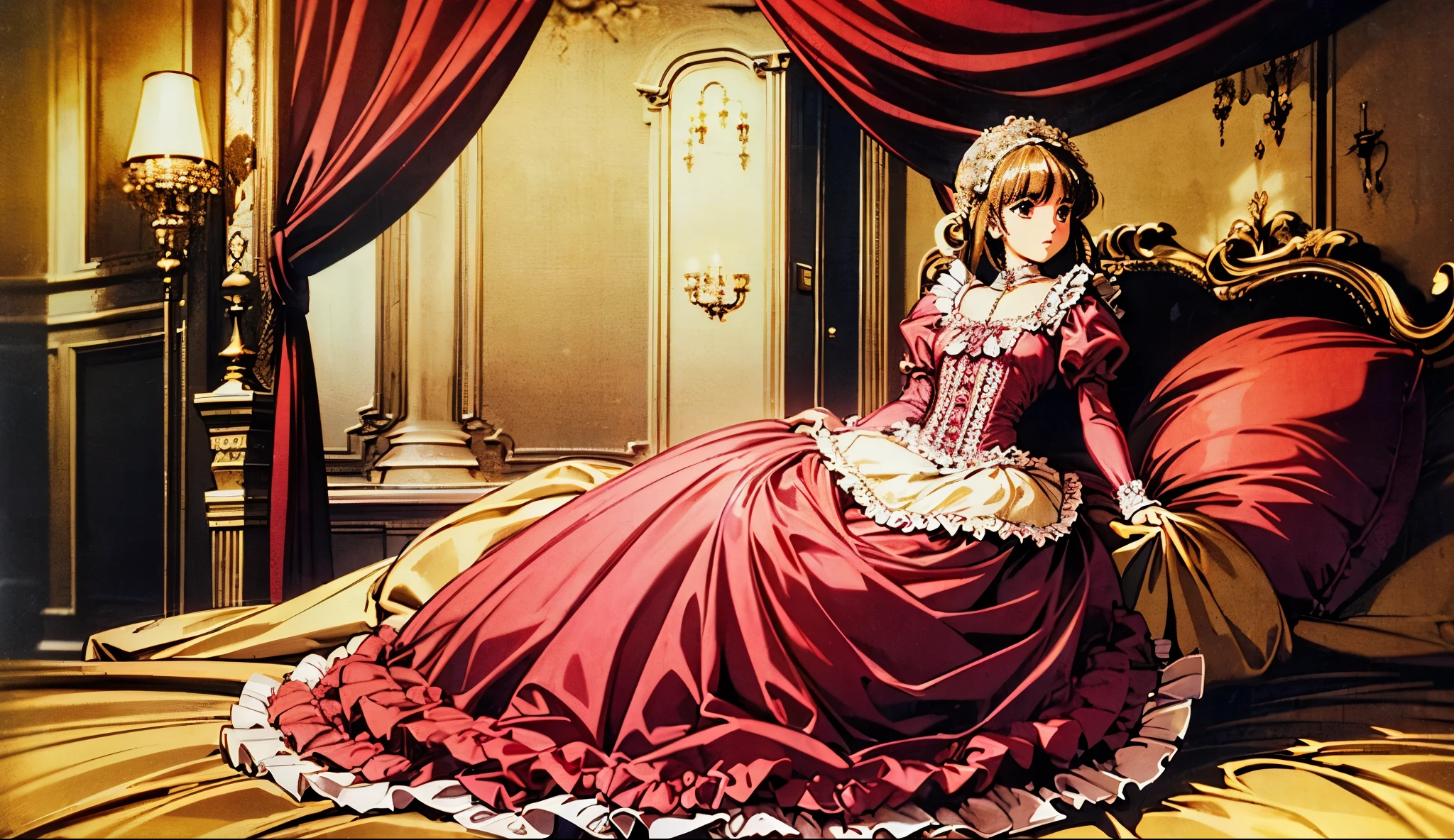 highest quality, masterpiece, highest resolution, artwork, super be familiar with, many detailed, detailed, be familiar with, romantic,woman, ,the girl is a princess,pink victorian dress, ((Gorgeous princess rococo ball gown dress with voluminous full-length hoop skirt)),long sleeve,long dress,Dress with lots of frills and ribbons,luxury,((Palace bedroom)),((Girl on a huge Victorian canopy bed)),Frill curtains,Ruffled pillows,ruffle bed skirt,Fluffy futon,Plush pillow,
