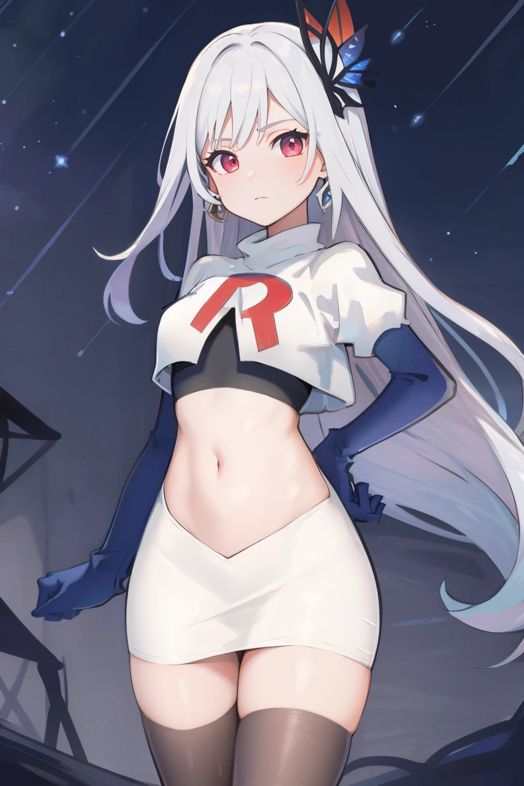 1girl, skirk \(genshin impact\), earrings, butterfly hair ornament, looking at viewer, starry sky, shooting star, cowboy shot, masterpiece, team rocket,team rocket uniform,white skirt,crop top,black thigh-highs,black elbow gloves,