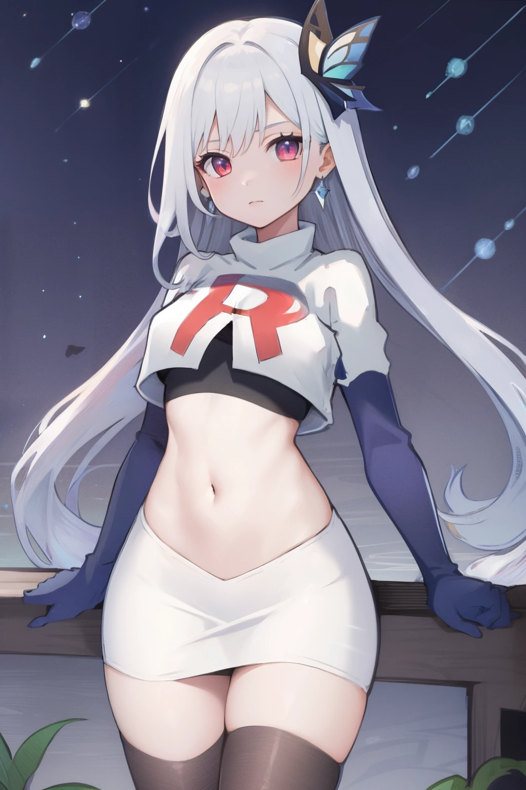 1girl, skirk \(genshin impact\), earrings, butterfly hair ornament, looking at viewer, starry sky, shooting star, cowboy shot, masterpiece, team rocket,team rocket uniform,white skirt,crop top,black thigh-highs,black elbow gloves,