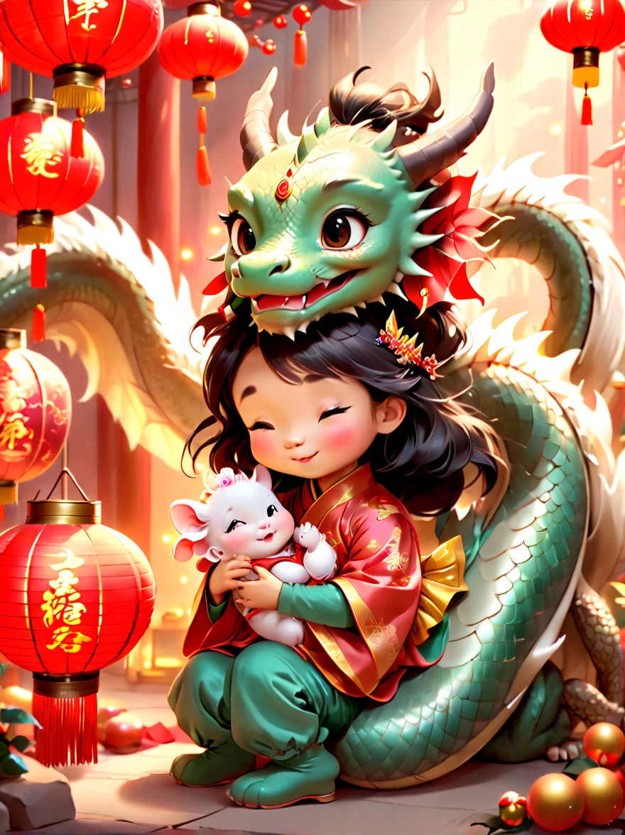 joyful and festive scene featuring a cute and lively 5-year-old ancient Chinese princess embracing a fluffy-textured, mythical Chinese baby dragon. Both are sleeping peacefully. The background is enhanced with festive decorations, such as lanterns, colorful banners, and traditional Chinese motifs, symbolizing celebration and happiness. This scene, rich in ancient Chinese cultural elements, captures a sense of joy and festivity, making the moment between the princess and the dragon even more endearing and magical,((anatomically correct))