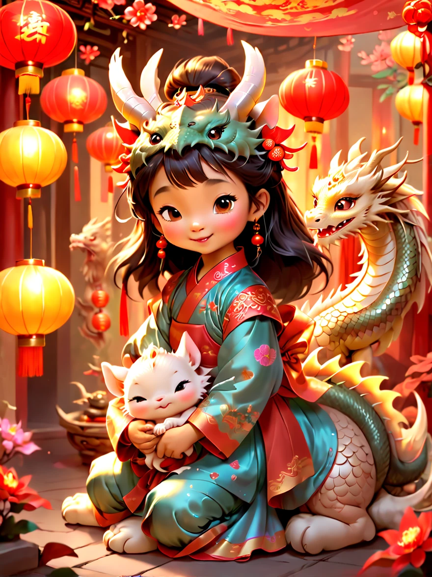 joyful and festive scene featuring a cute and lively 5-year-old ancient Chinese princess embracing a fluffy-textured, mythical Chinese baby dragon. Both are sleeping peacefully. The background is enhanced with festive decorations, such as lanterns, colorful banners, and traditional Chinese motifs, symbolizing celebration and happiness. This scene, rich in ancient Chinese cultural elements, captures a sense of joy and festivity, making the moment between the princess and the dragon even more endearing and magical，((anatomically correct))