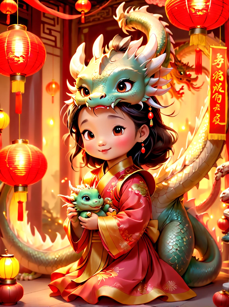 joyful and festive scene featuring a cute and lively 5-year-old ancient Chinese princess embracing a fluffy-textured, mythical Chinese baby dragon. Both are sleeping peacefully. The background is enhanced with festive decorations, such as lanterns, colorful banners, and traditional Chinese motifs, symbolizing celebration and happiness. This scene, rich in ancient Chinese cultural elements, captures a sense of joy and festivity, making the moment between the princess and the dragon even more endearing and magical,((anatomically correct))