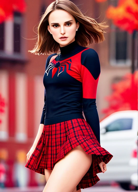 Natalie portman、Sticking out the navel、newyork、She wears a torn Spider-Man suit,wearing a skirt、 Red and black color scheme,dynamic、luminous design, pastel colour, ink drips, autumn lights