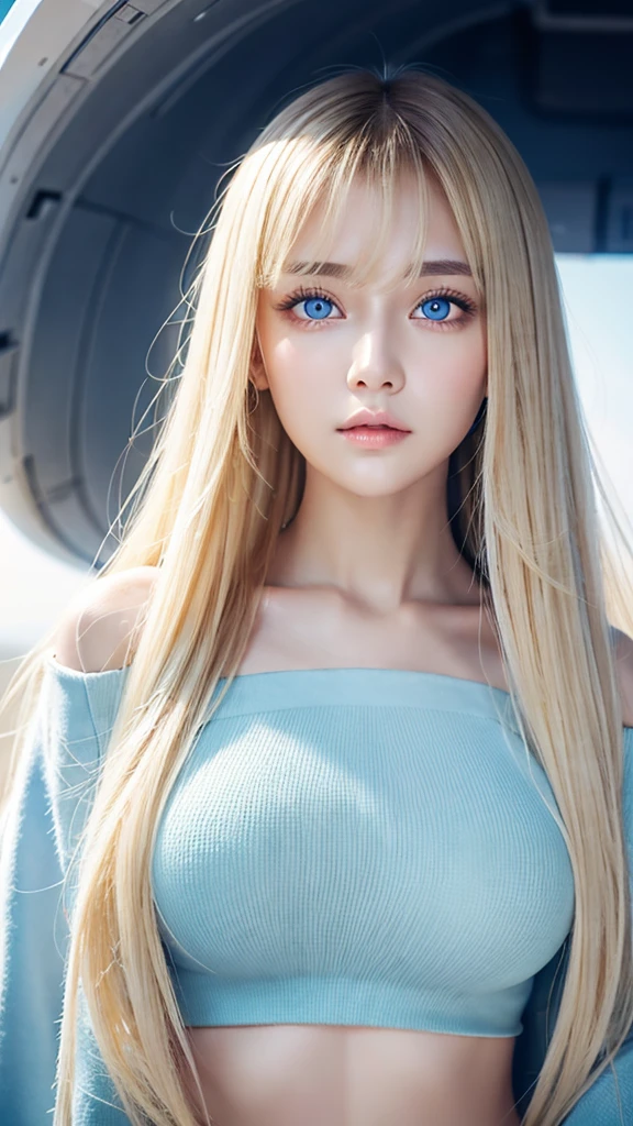 Nature photography of a beautiful girl, Wear a loose-fitting crop top, to protect myself, Super long,puffy blonde hair, large bust, messy bangs between eyes、fix your gaze on the camera, eye shadow, symmetrical eyes, plane of symmetry, photorealism, photography, Pfadverfolgung, specular lighting, Volumetrisches Gesichtslicht, path traced hair, visible shadow, complicated, expensive, blank background、Very beautiful bright light blue eyes、very big eyes、very white bright glossy skin、cheek gloss highlight