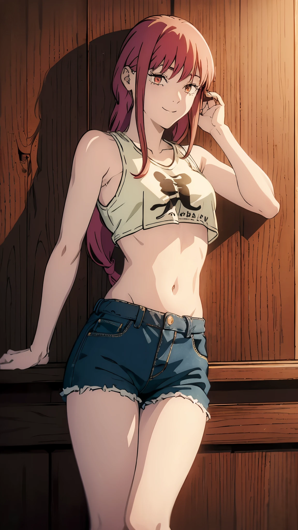 work of art, best qualityer, 1 girl, standing alone, It is, nice It is, from front view, de pIt is, warm lighting, presumptuous, gigantic breastss, focus on tits, chest window, seios Kales, ((arms behind the back)), face detailed, Detailed greeneyes, face detailed, greeneyes, perfects eyes, face perfect, Kale, Starfire, muscular, extremamente musculoso, flexion, tanned, tanned skin, from front view, gazing at viewer, Shorts jeans, top cut, Red hair, Inside the house, inside the chic room, red wallpaper, presumptuous face, presumptuous grin, presumptuous expression, arms behind the back