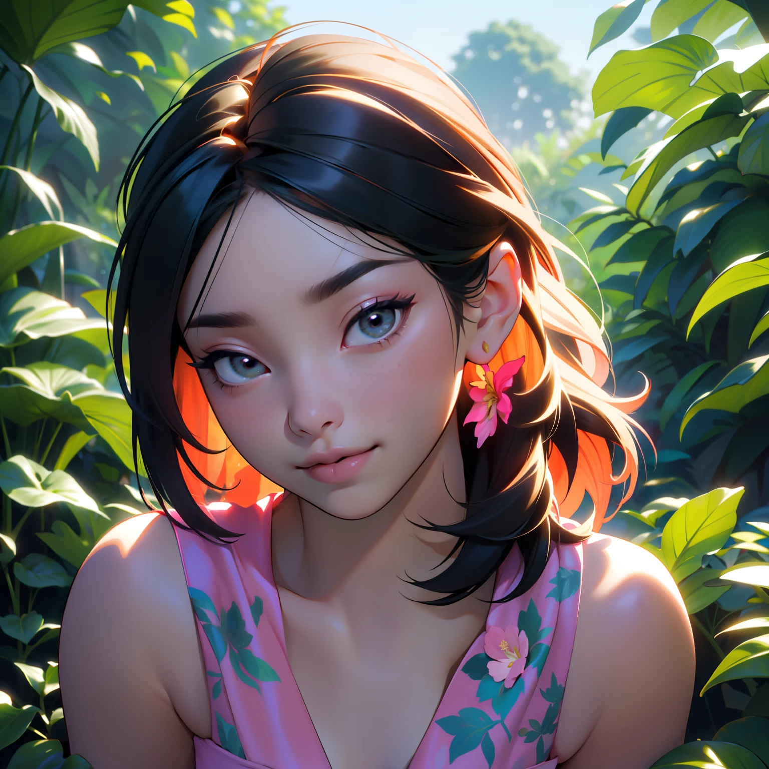 (dreamy art style: 1.2),( redshift style: 0.7),(style 0.7), (studio_ghibli_anime_style style: 0.9), (copeseethemald style: 0.8),(shiny sexy bimbo:1), (bimbo), shiny, ( sexy),1girls, solo,, looking at camera, smiling at viewer, plump breasts, detailed face, (blushing), (excited), smile, symmetrical, shiny braids, very hot needy bimbo, deep cleavage, beautiful eyes and captivating, ( realistic pupils), cleavage, small dress, breasts overflowing, breasts overflowing, standing, centered, subsurface dispersion, detailed skin, diaphragm, [(colors psychedelic explosion color painting: 1.2)::0.25],(freckles: 0.67 ), temple in background, ancient city, green jungle, colorful flowers, tropical foliage, masterpiece, best quality, realistic, hyperrealistic, sharp focus, absurd, good anatomy, with balloons many balloons