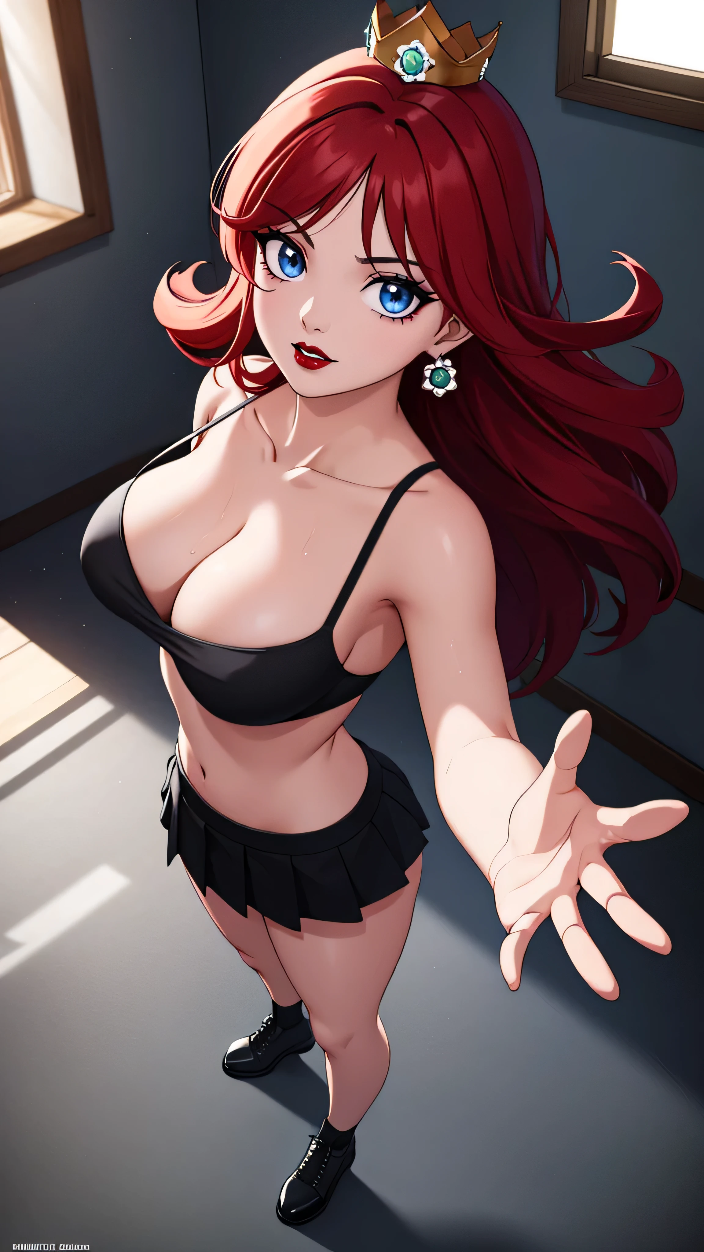 ((high detailed, best quality, 4k, masterpiece, hd:1.3)), ((best quality)), (((HD))), (((8k))), (ultraDH), (ultra HD), classroom_background, sunlight through the window, window, wooden room, Princess Daisy standing posing, BREAK neon blue eyes, , attractive,  smile, smiling, smooth anime cg art, 36C_breasts, cleavage, 36C cleavage, long legs, vivid colors, detailed digital art, slim body, perfect skin, dark red hair, long red hair, dark hair, red hair, dark_red_hair_over_breast, wet hair, wet red hair, wet_dark_red_hair, wet_hair, BREAK crown, looking at viewer, BREAK looking at viewer, extremely detailed face, black school uniforms, miniskirt, no bra, midriff, no , full body, earrings, gem, dark gothic eyeshadows, dark eyeshadows, black eyeshadows, black_sexy_lips, black lips, dark lips, gothic painted lips, dark_black_lips, very dark lips, black_painted_lips, (very thin lips), thin lips, detailed lips, (dark:1.2), (perfect hands, perfect ), black makeup, detailed fingers, five fingers per hand, 5 fingers, (1 girl), (solo:1.3), (), ( out:1.3), (from above:1.3), (arms outstretched:1.3),