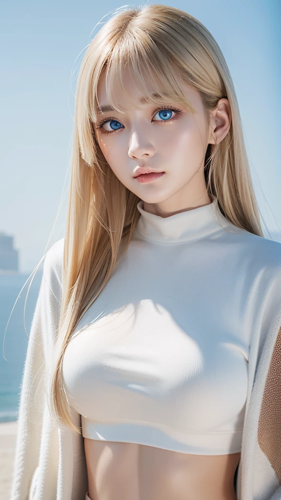 Nature photography of a beautiful girl, Wear a loose-fitting crop top, to protect myself, Super long,puffy blonde hair, large bust, messy bangs between eyes、fix your gaze on the camera, eye shadow, symmetrical eyes, plane of symmetry, photorealism, photography, Pfadverfolgung, specular lighting, Volumetrisches Gesichtslicht, path traced hair, visible shadow, complicated, expensive, blank background、Very beautiful bright light blue eyes、very big eyes、very white bright glossy skin、cheek gloss highlight