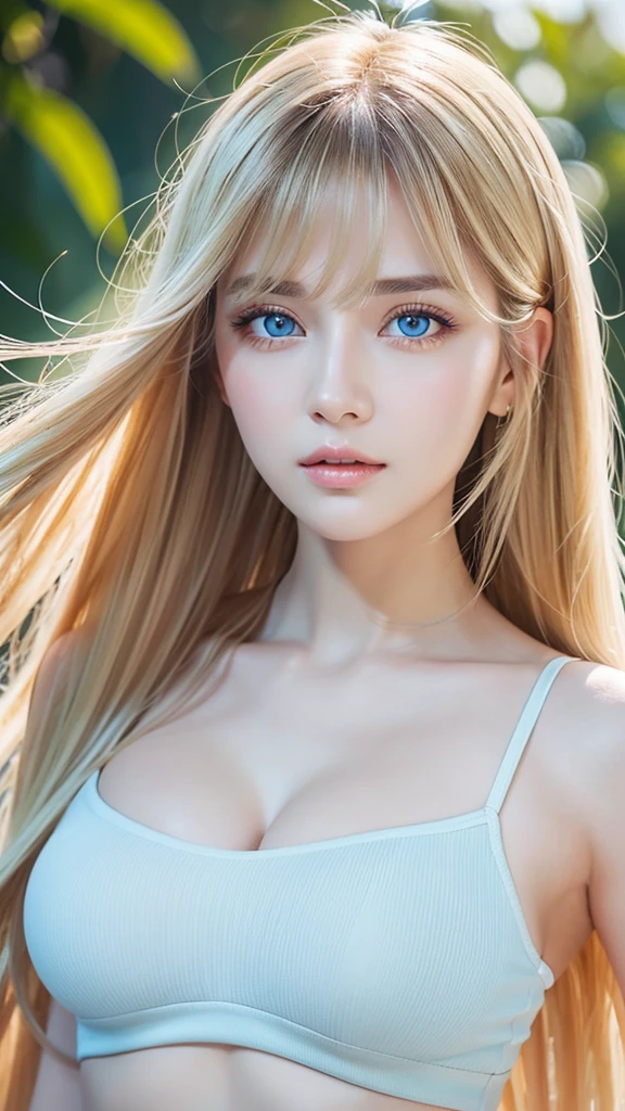 Nature photography of a beautiful girl, Wear a loose-fitting crop top, to protect myself, Super long,puffy blonde hair, large bust, messy bangs between eyes、fix your gaze on the camera, eye shadow, symmetrical eyes, plane of symmetry, photorealism, photography, Pfadverfolgung, specular lighting, Volumetrisches Gesichtslicht, path traced hair, visible shadow, complicated, expensive, blank background、Very beautiful bright light blue eyes、very big eyes、very white bright glossy skin、cheek gloss highlight