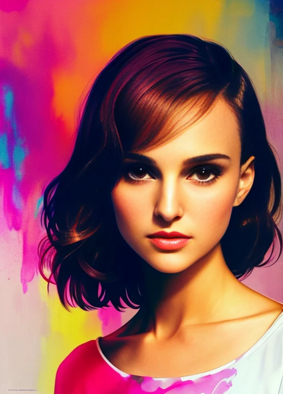 Natalie portman, luminous design, pastel colour, ink drips, autumn lights