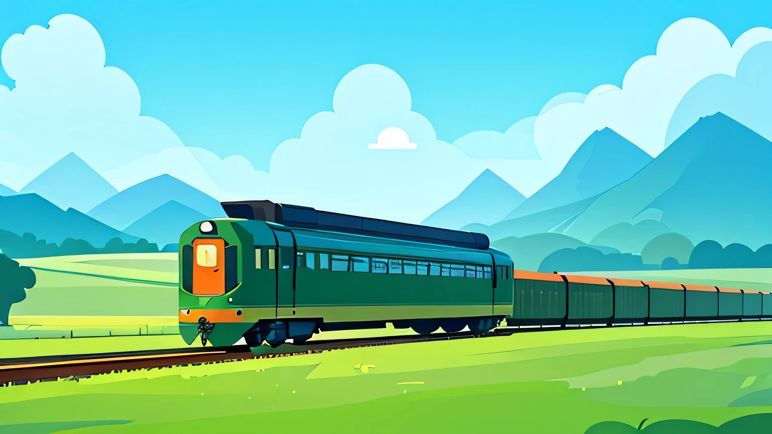 A green leather train pulls a cargo box behind it，Open from left to right，A certain angle from top to bottom，There is a track under the train。Behind is a large green grassland，There is a fence on the grass。Behind are green jungles and blue distant mountains。How many small clouds are floating in the blue sky，Vector illustration style