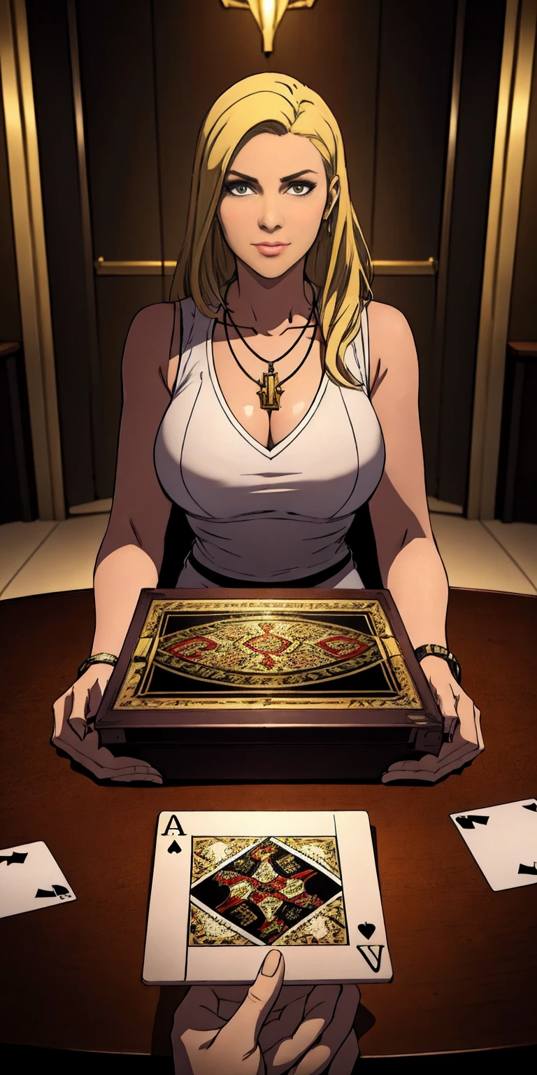 Highly detailed, High Quality, Masterpiece, beautiful, PlayingCards, 1slave girl, solo, holding, card, table, holding card, sitting, indoors, playing card, pov across table, closed mouth, looking at viewer, Forrest, Blonde hair, jacket on shoulders, necklace, big pendant, sleeveless shirt, millennium puzzle

