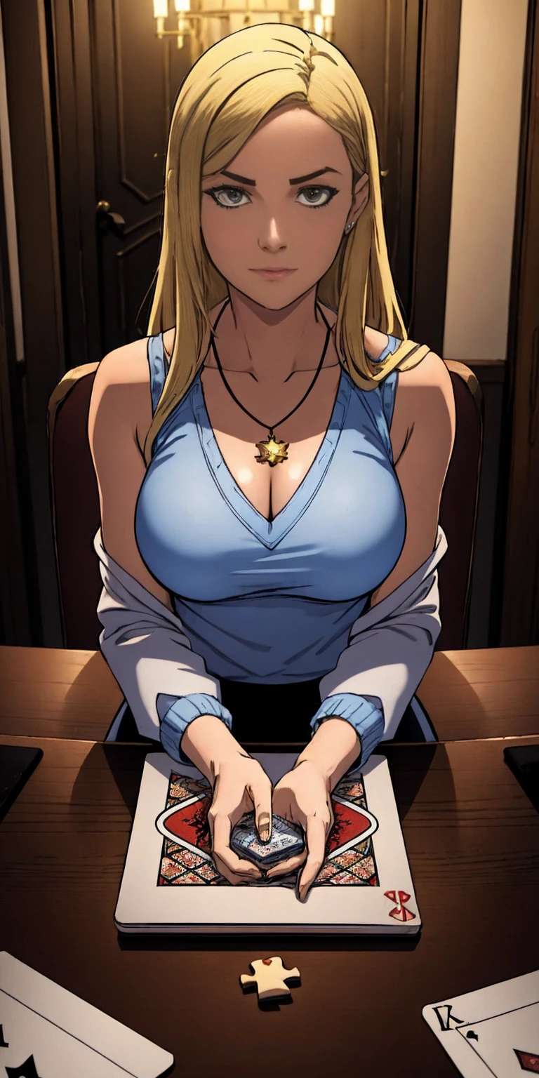 Highly detailed, High Quality, Masterpiece, beautiful, PlayingCards, 1slave girl, solo, holding, card, table, holding card, sitting, indoors, playing card, pov across table, closed mouth, looking at viewer, Forrest, Blonde hair, jacket on shoulders, necklace, big pendant, sleeveless shirt, millennium puzzle
