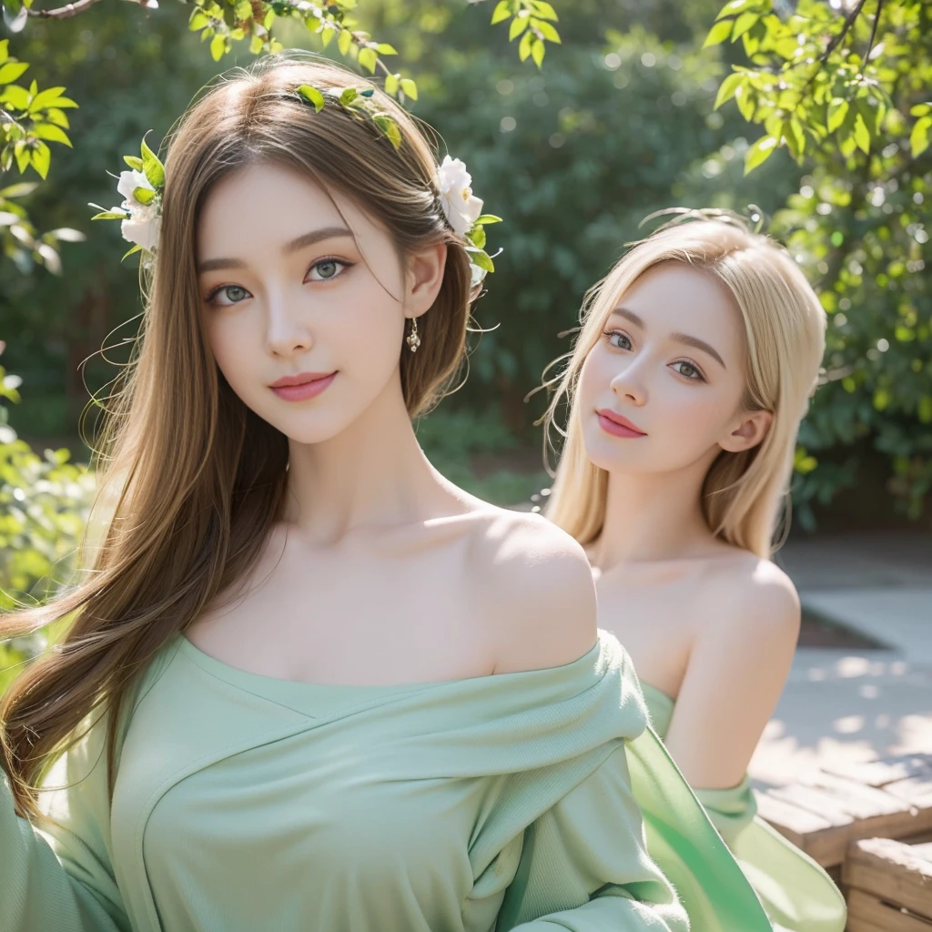 (best quality,highres:1.3), A full figure of 2 beautiful Korean girls, White skin, Gold lace camisole vest, beautiful clear eyes,Green pupils, beautiful necklace and earringedium, Delicate slender face,Lovely lips, extremely detailed face and eyes, long straight yellow-blue hair, beautiful upper body:1.2, random-colored shirt, short dress, in the park, medium chest, revealing cleavage