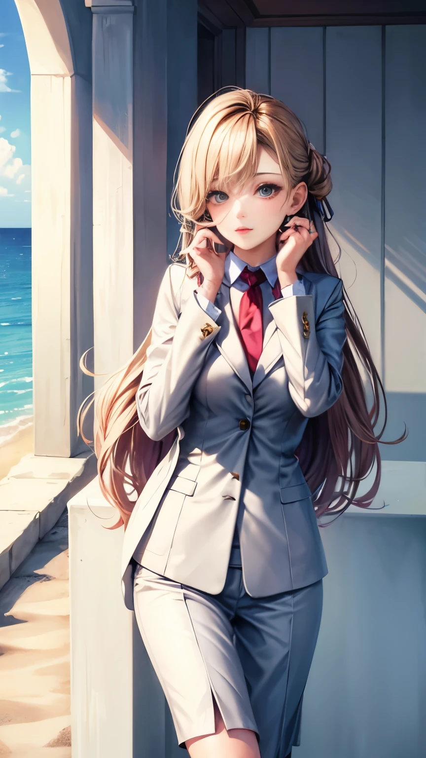 Woman with soft shade hair wearing suit in soft shades