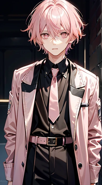 1 boy, ((Light pink hair color)) , short hair, black clothing, (light pink eye color)