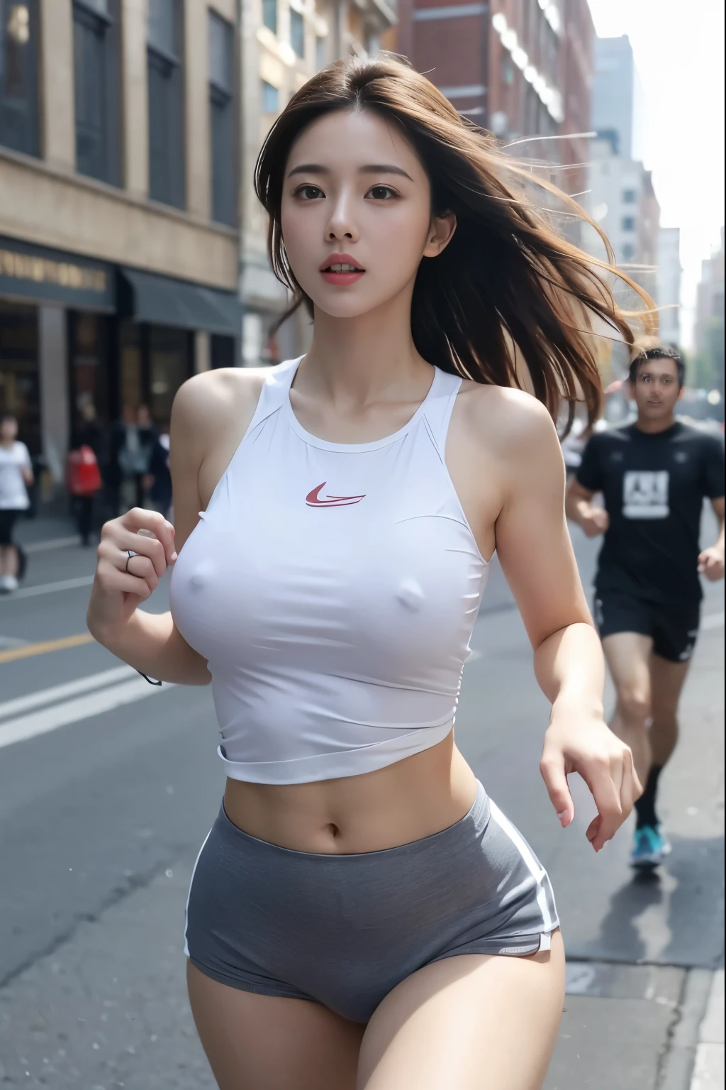 master piece,best quality,,realistic style，girl running,big breasts:1.3,have on the street