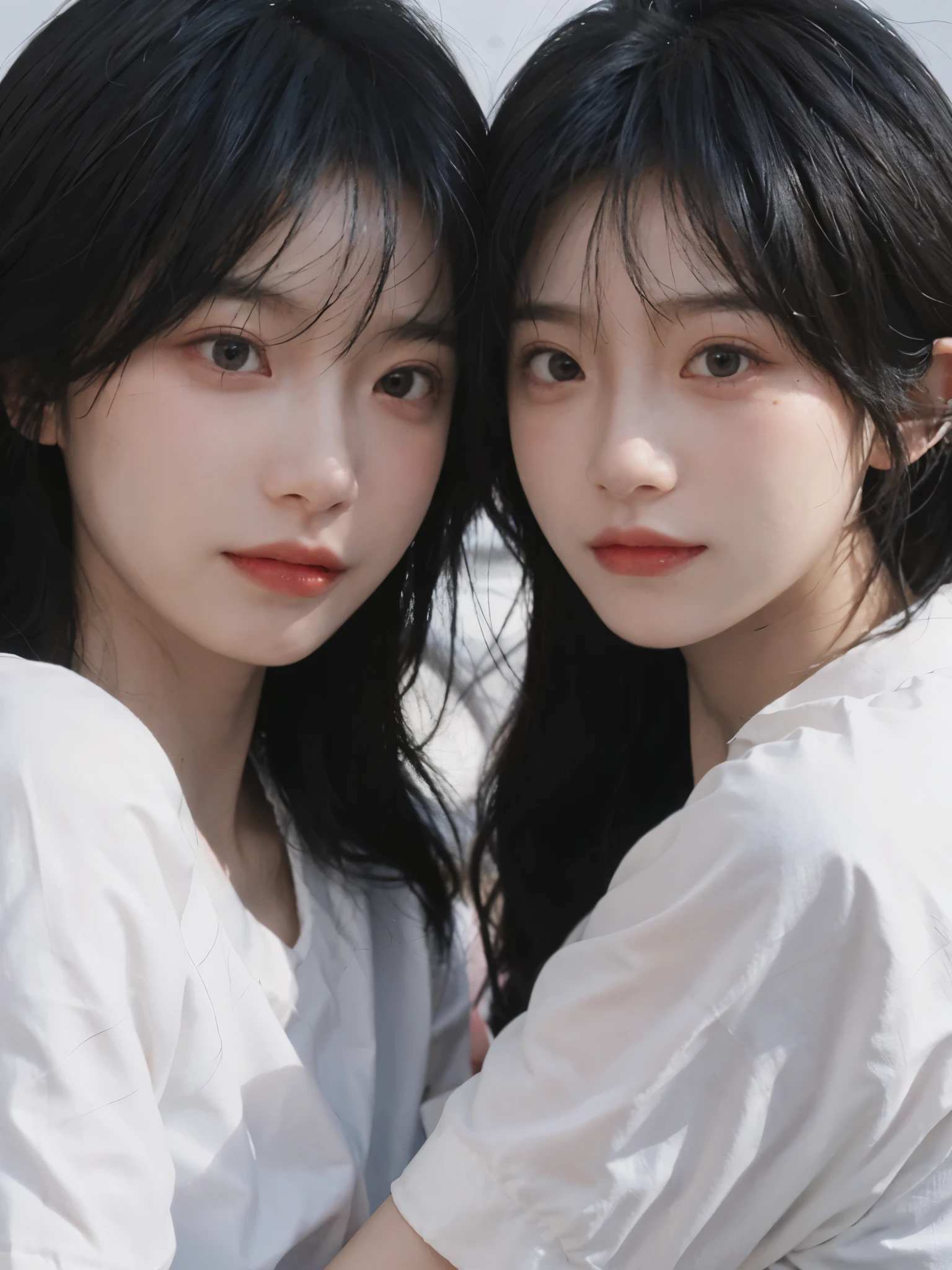 best quality， ultra high resolution， White background，（realistically：1.4）， 2 girls， White short sleeves，twin? rose rain，A pair of eyes as clear as snow,Royal sister，looking at the audience， close up ，