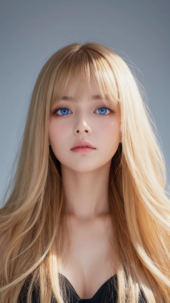 Nature photography of a beautiful girl, Wear a loose-fitting crop top, to protect myself, Super long,puffy blonde hair, large bust, messy bangs between eyes、fix your gaze on the camera, eye shadow, symmetrical eyes, plane of symmetry, photorealism, photography, Pfadverfolgung, specular lighting, Volumetrisches Gesichtslicht, path traced hair, visible shadow, complicated, expensive, blank background、Very beautiful bright light blue eyes、very big eyes、very white bright glossy skin、cheek gloss highlight