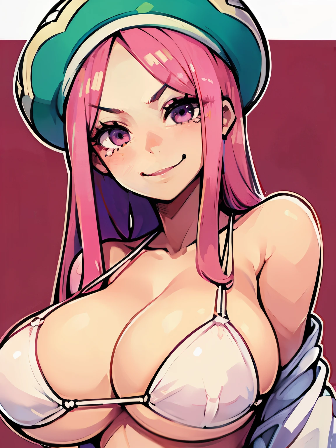 Big Breasts, smile, bonney, pink hair, cute smile, white micro bikini 