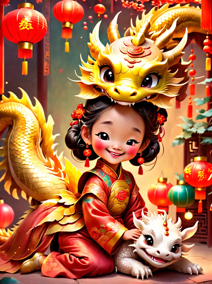 joyful and festive scene featuring a cute and lively 5-year-old ancient Chinese princess embracing a fluffy-textured, mythical Chinese baby dragon. Both are sleeping peacefully. The background is enhanced with festive decorations, such as lanterns, colorful banners, and traditional Chinese motifs, symbolizing celebration and happiness. This scene, rich in ancient Chinese cultural elements, captures a sense of joy and festivity, making the moment between the princess and the dragon even more endearing and magical