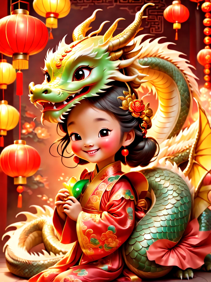 joyful and festive scene featuring a cute and lively 5-year-old ancient Chinese princess embracing a fluffy-textured, mythical Chinese baby dragon. Both are sleeping peacefully. The background is enhanced with festive decorations, such as lanterns, colorful banners, and traditional Chinese motifs, symbolizing celebration and happiness. This scene, rich in ancient Chinese cultural elements, captures a sense of joy and festivity, making the moment between the princess and the dragon even more endearing and magical