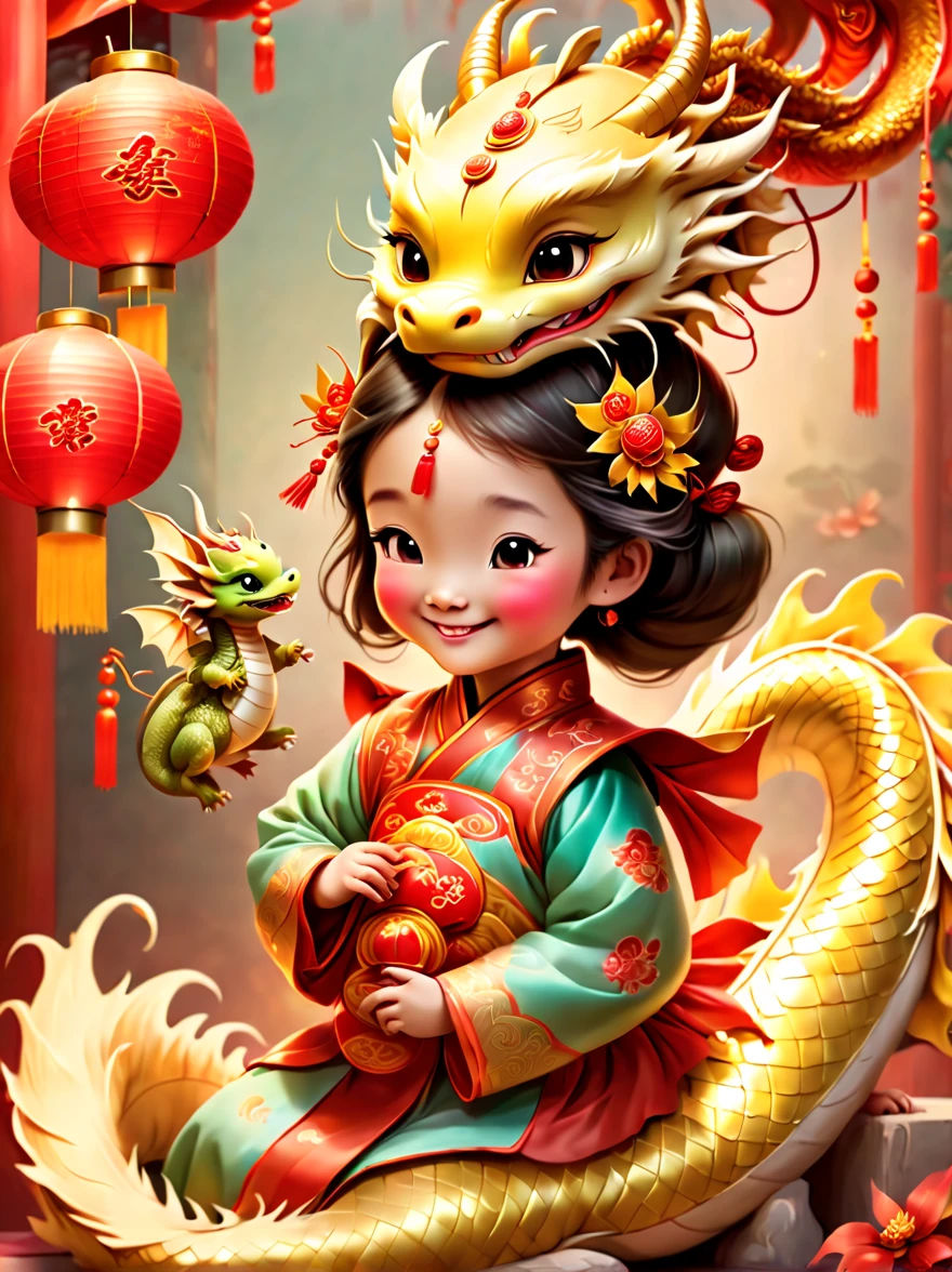 joyful and festive scene featuring a cute and lively 5--old ient Chinese princess embracing a fluffy-textured, mythical Chinese baby dr. Both are sleeping peacefully. The background is enhanced with festive decorations, such as lanterns, colorful banners, and traditional Chinese motifs, symbolizing celebration and happiness. This scene, rich in ancient Chinese cultural elements, captures a sense of joy and festivity, making the moment between the princess and the dragon even more endearing and magical