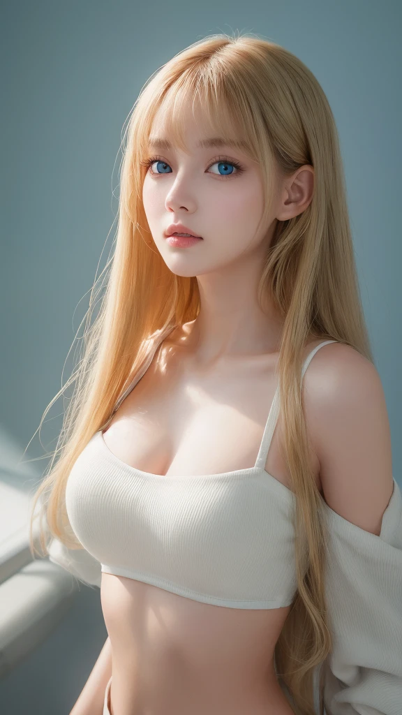 Nature photography of a beautiful girl, Wear a loose-fitting crop top, to protect myself, Super long,puffy blonde hair, large bust, messy bangs between eyes、fix your gaze on the camera, eye shadow, symmetrical eyes, plane of symmetry, photorealism, photography, Pfadverfolgung, specular lighting, Volumetrisches Gesichtslicht, path traced hair, visible shadow, complicated, expensive, blank background、Very beautiful bright light blue eyes、very big eyes、very white bright glossy skin、cheek gloss highlight