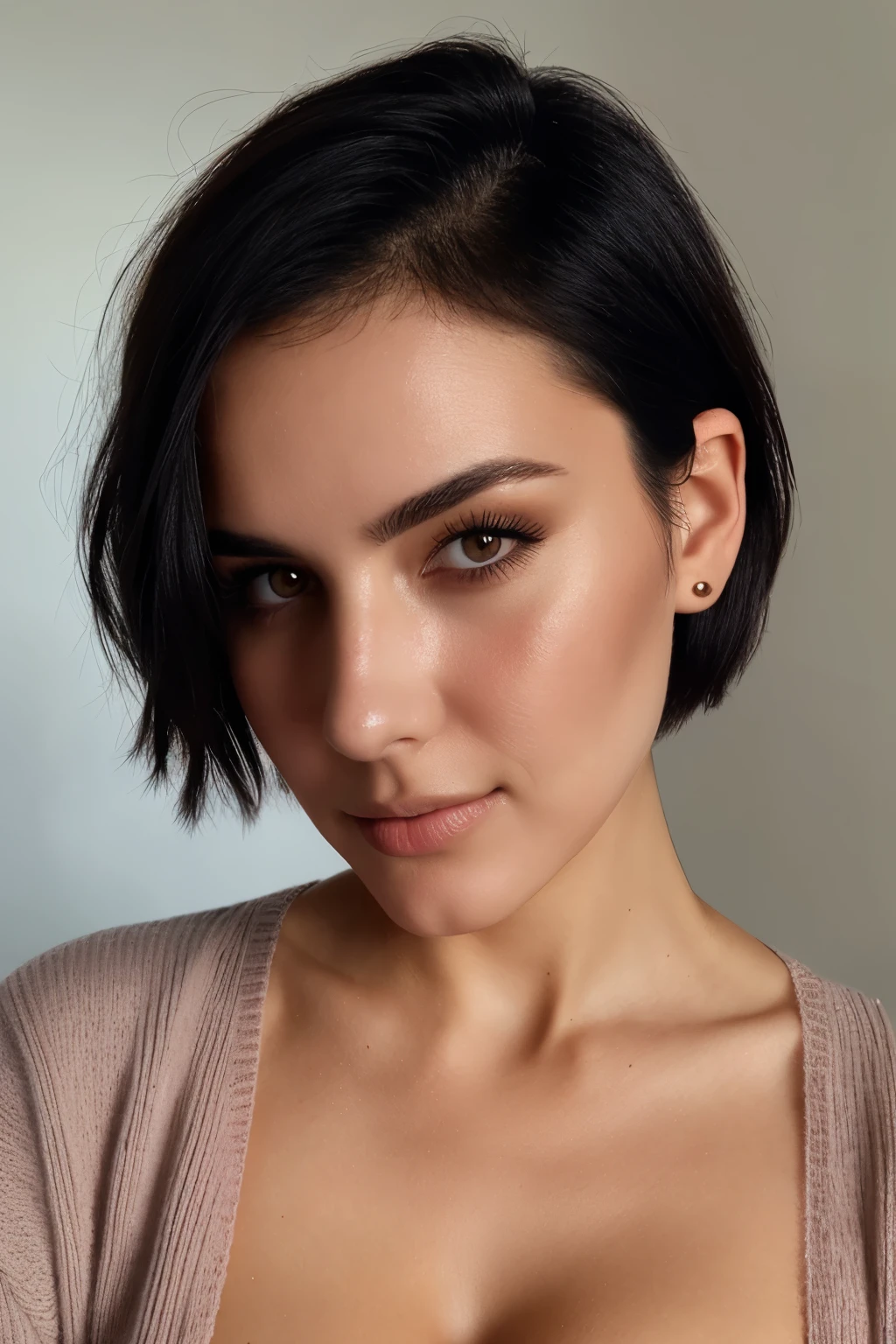 instagram product photo, 21yo french woman using a blush stick, short hair, black hair, closeup portrait, sweater, cleavage, pale, hard shadows